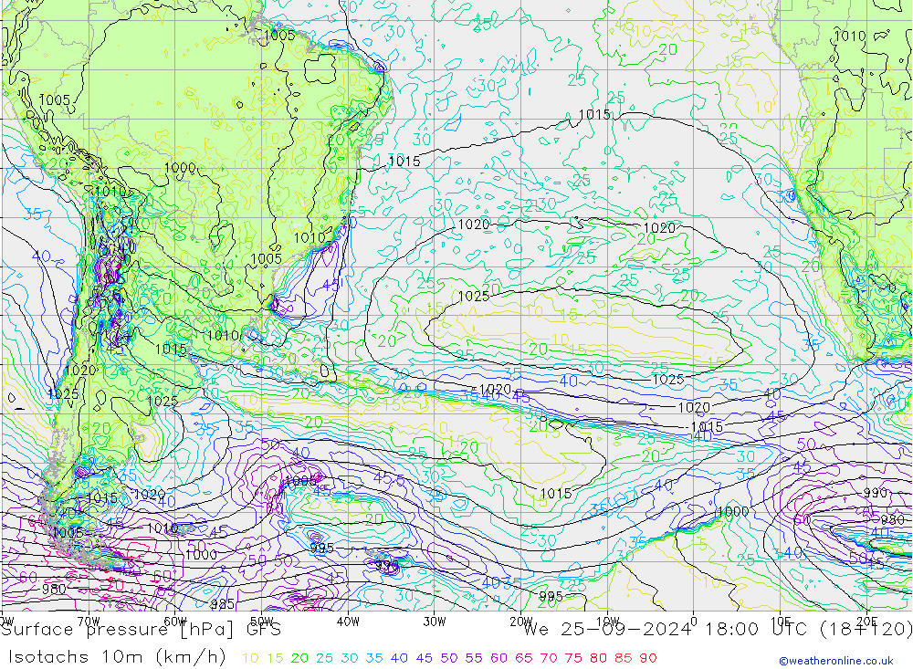 Isotachen (km/h) GFS wo 25.09.2024 18 UTC