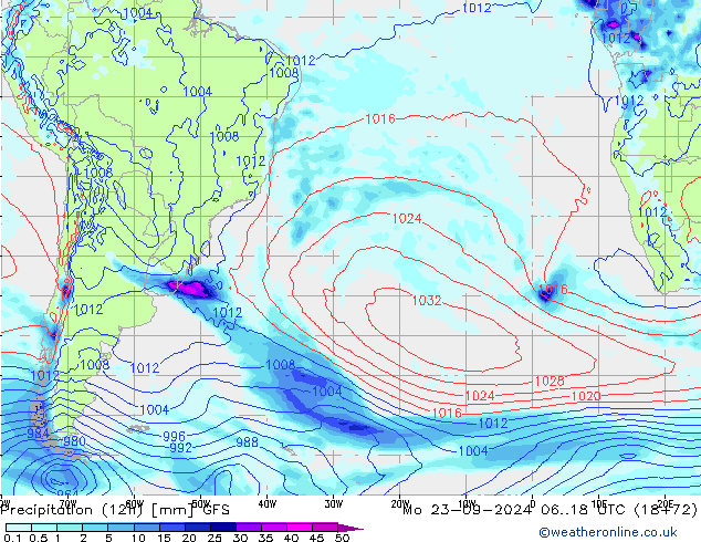 Precipitation (12h) GFS Po 23.09.2024 18 UTC