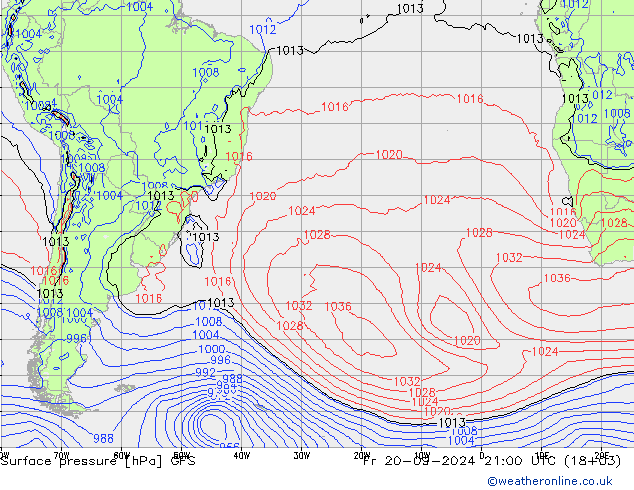 Presión superficial GFS vie 20.09.2024 21 UTC