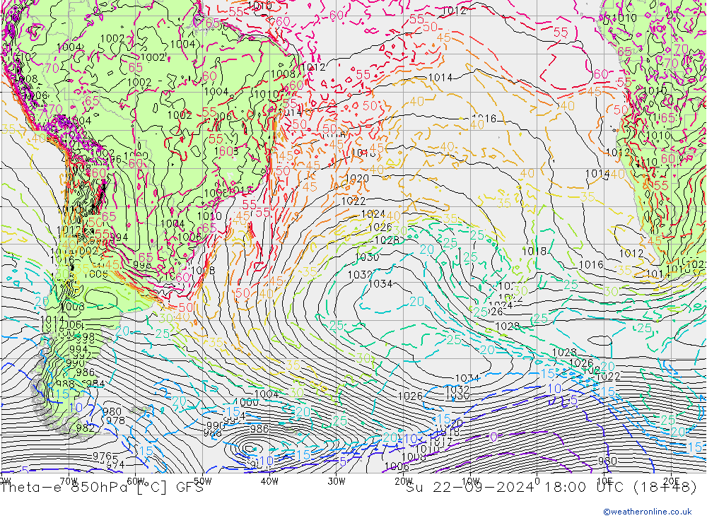 Theta-e 850hPa GFS dim 22.09.2024 18 UTC