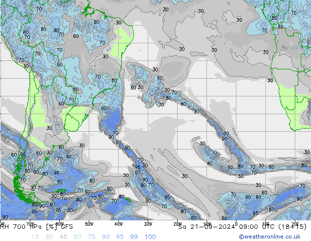 RH 700 hPa GFS Sa 21.09.2024 09 UTC