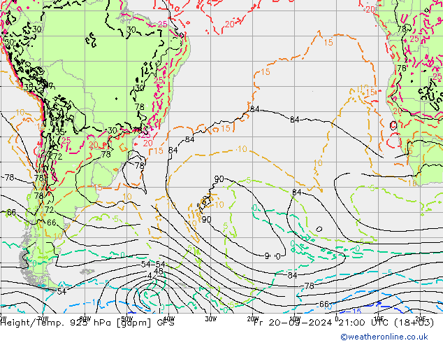 Height/Temp. 925 hPa GFS ven 20.09.2024 21 UTC