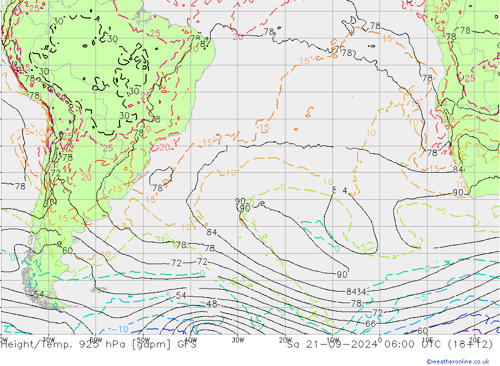 Yükseklik/Sıc. 925 hPa GFS Cts 21.09.2024 06 UTC