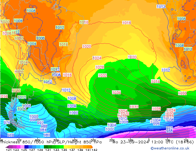 Espesor 850-1000 hPa GFS lun 23.09.2024 12 UTC