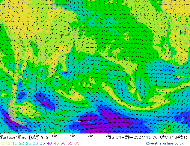 Vento 10 m GFS Sáb 21.09.2024 15 UTC