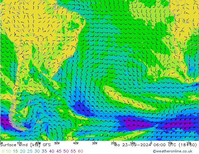 Viento 10 m GFS lun 23.09.2024 06 UTC