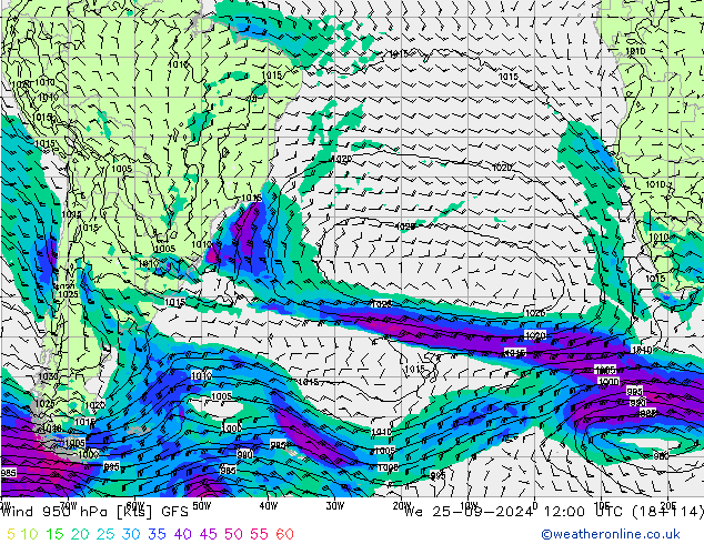 wiatr 950 hPa GFS śro. 25.09.2024 12 UTC