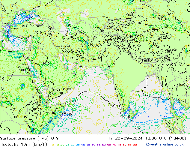 Isotaca (kph) GFS vie 20.09.2024 18 UTC