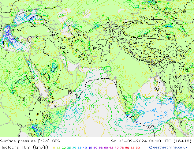 Isotachen (km/h) GFS za 21.09.2024 06 UTC