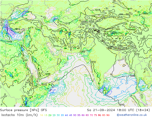 Isotachs (kph) GFS  21.09.2024 18 UTC