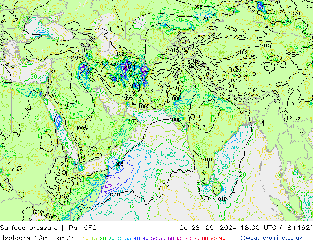 Isotaca (kph) GFS sáb 28.09.2024 18 UTC