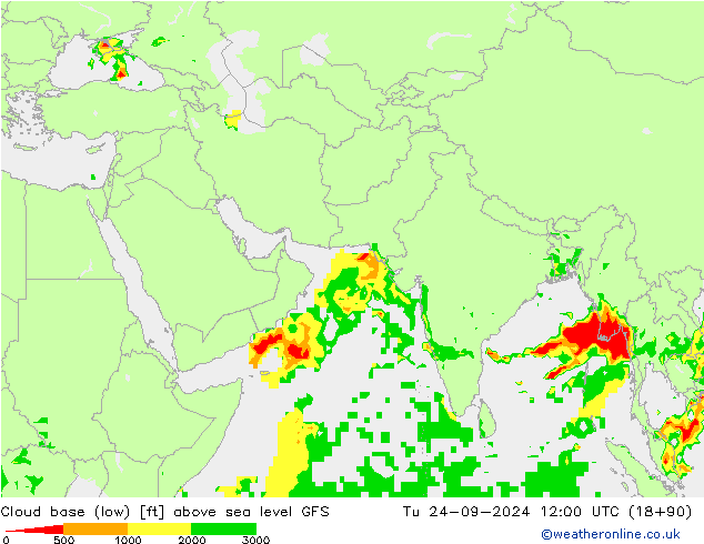 Cloud base (low) GFS Út 24.09.2024 12 UTC