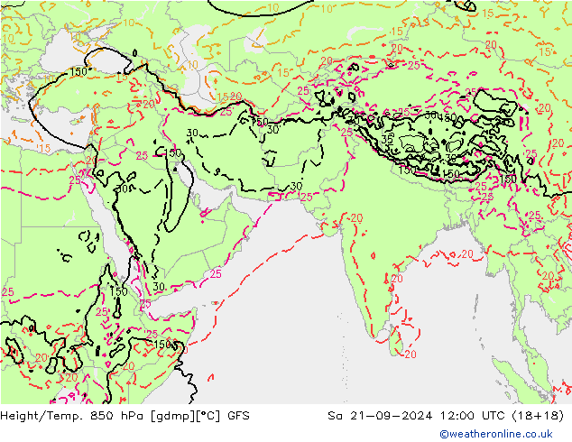 Height/Temp. 850 hPa GFS Sa 21.09.2024 12 UTC