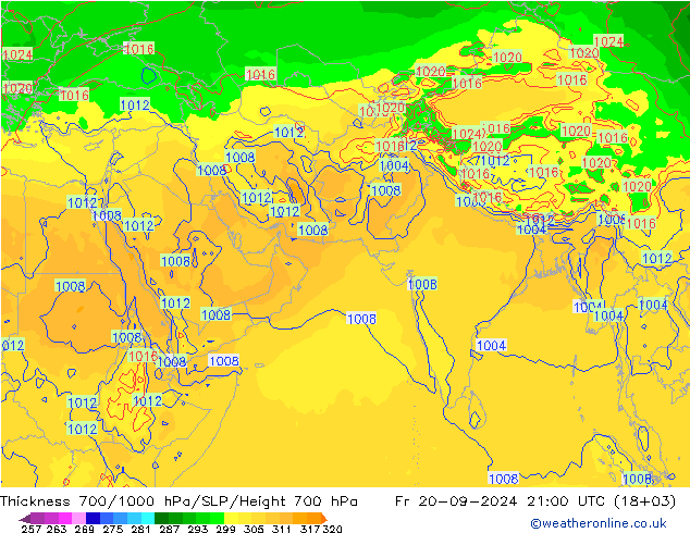 Thck 700-1000 гПа GFS пт 20.09.2024 21 UTC