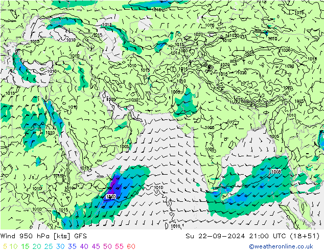 Vento 950 hPa GFS dom 22.09.2024 21 UTC