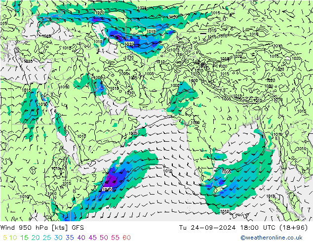 Wind 950 hPa GFS Tu 24.09.2024 18 UTC