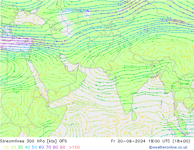 Linia prądu 300 hPa GFS pt. 20.09.2024 18 UTC