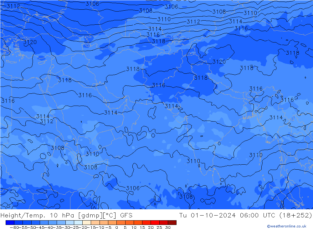 Height/Temp. 10 гПа GFS вт 01.10.2024 06 UTC