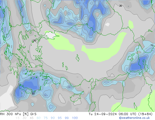 Humidité rel. 300 hPa GFS mar 24.09.2024 06 UTC