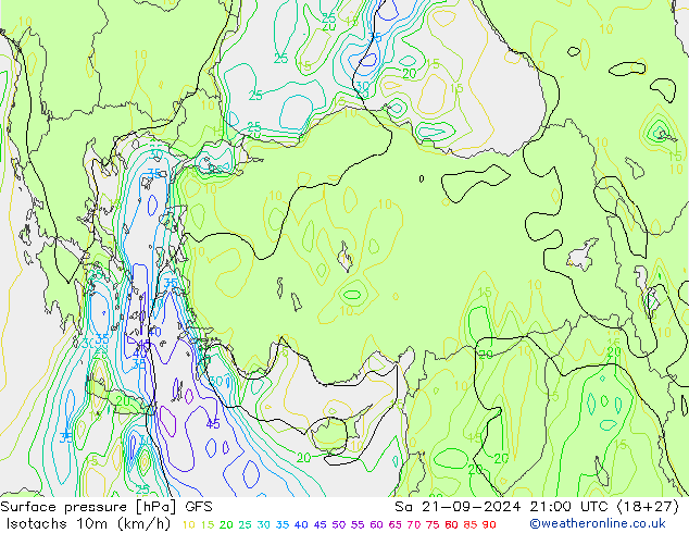 Eşrüzgar Hızları (km/sa) GFS Cts 21.09.2024 21 UTC