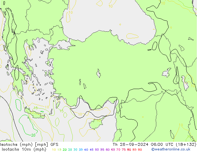 Isotachs (mph) GFS чт 26.09.2024 06 UTC