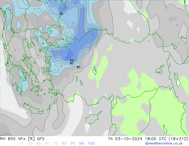 RH 850 hPa GFS Čt 03.10.2024 18 UTC