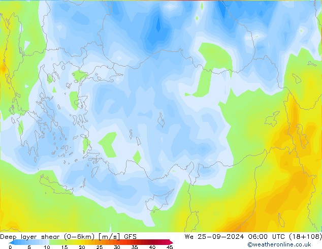 Deep layer shear (0-6km) GFS Qua 25.09.2024 06 UTC