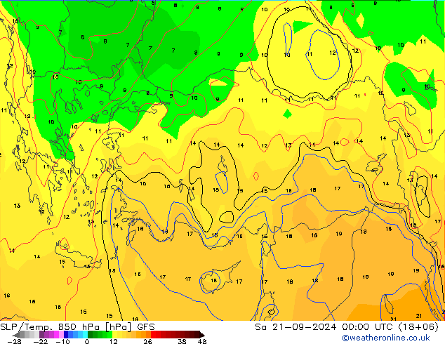 SLP/Temp. 850 hPa GFS sam 21.09.2024 00 UTC