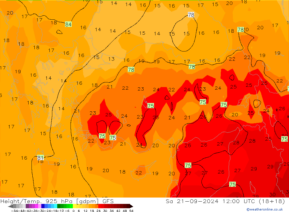 Height/Temp. 925 hPa GFS so. 21.09.2024 12 UTC