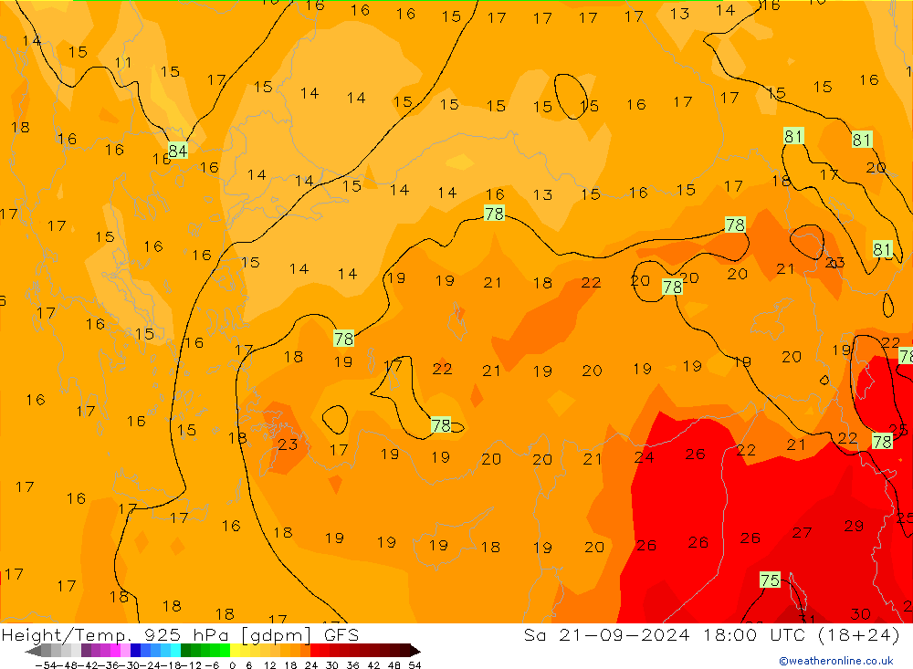 Height/Temp. 925 hPa GFS So 21.09.2024 18 UTC