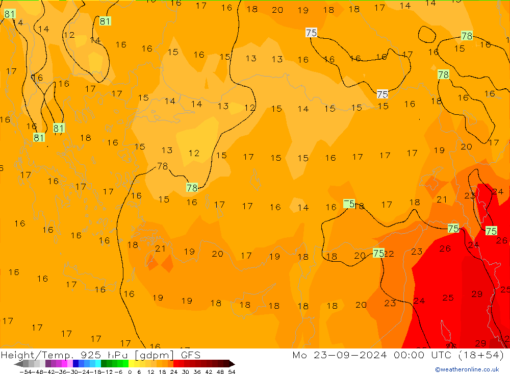 Yükseklik/Sıc. 925 hPa GFS Pzt 23.09.2024 00 UTC