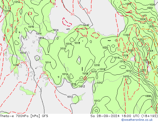 Theta-e 700hPa GFS Cts 28.09.2024 18 UTC