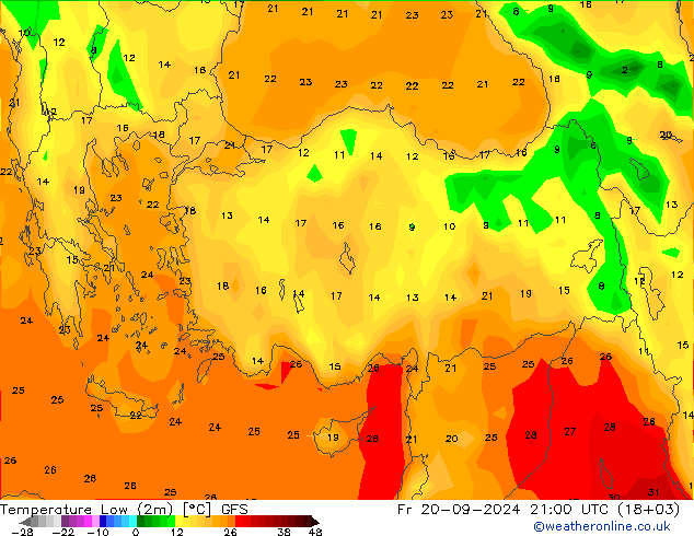 Nejnižší teplota (2m) GFS Pá 20.09.2024 21 UTC