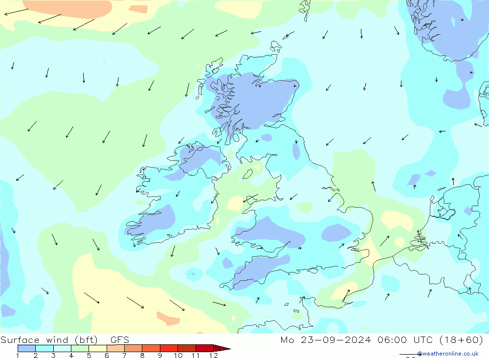 Surface wind (bft) GFS Po 23.09.2024 06 UTC