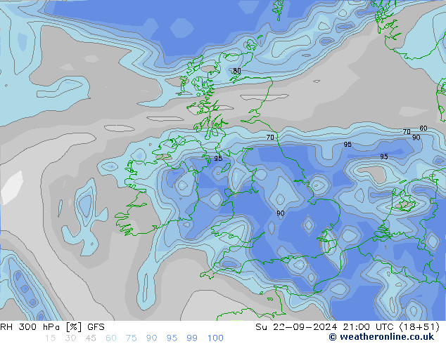 RH 300 гПа GFS Вс 22.09.2024 21 UTC