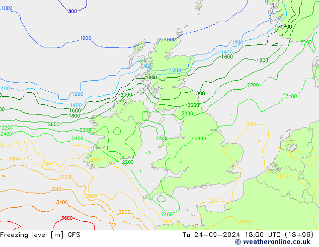 Freezing level GFS Út 24.09.2024 18 UTC