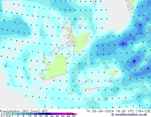 Precipitation (6h) GFS Th 26.09.2024 00 UTC