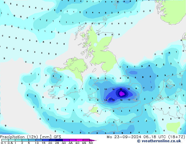 Precipitación (12h) GFS lun 23.09.2024 18 UTC