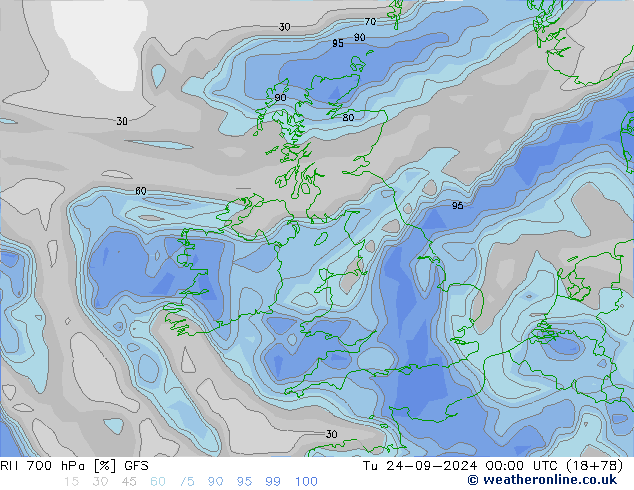 RH 700 hPa GFS wto. 24.09.2024 00 UTC