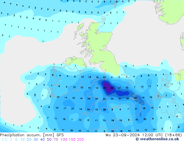 Precipitación acum. GFS lun 23.09.2024 12 UTC