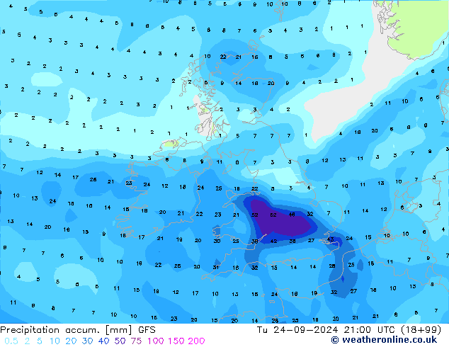 Precipitation accum. GFS Tu 24.09.2024 21 UTC