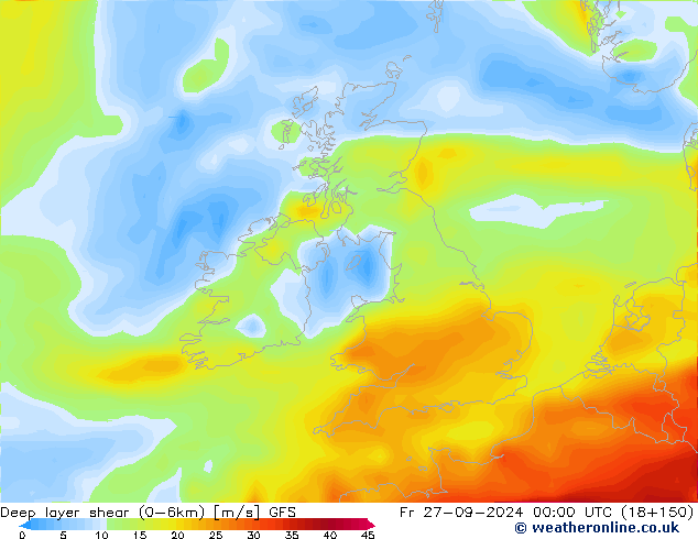 Deep layer shear (0-6km) GFS Pá 27.09.2024 00 UTC