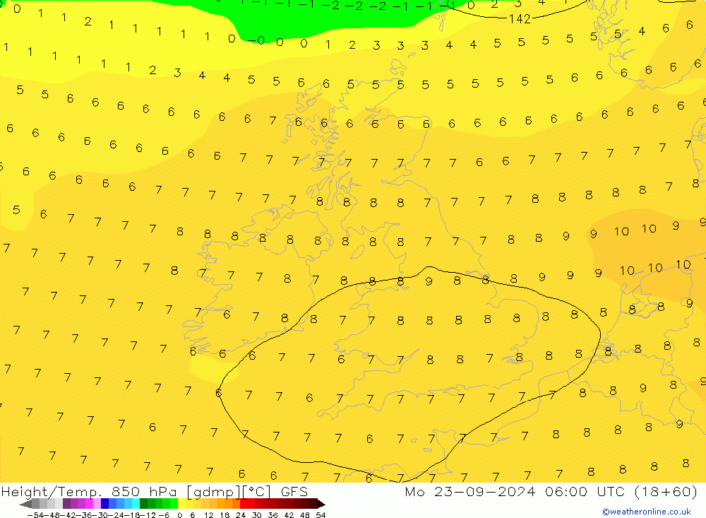 Height/Temp. 850 hPa GFS  23.09.2024 06 UTC