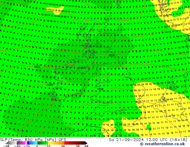 SLP/Temp. 850 hPa GFS Sa 21.09.2024 12 UTC