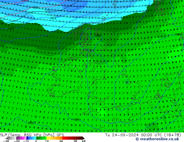 SLP/Temp. 850 hPa GFS  24.09.2024 00 UTC