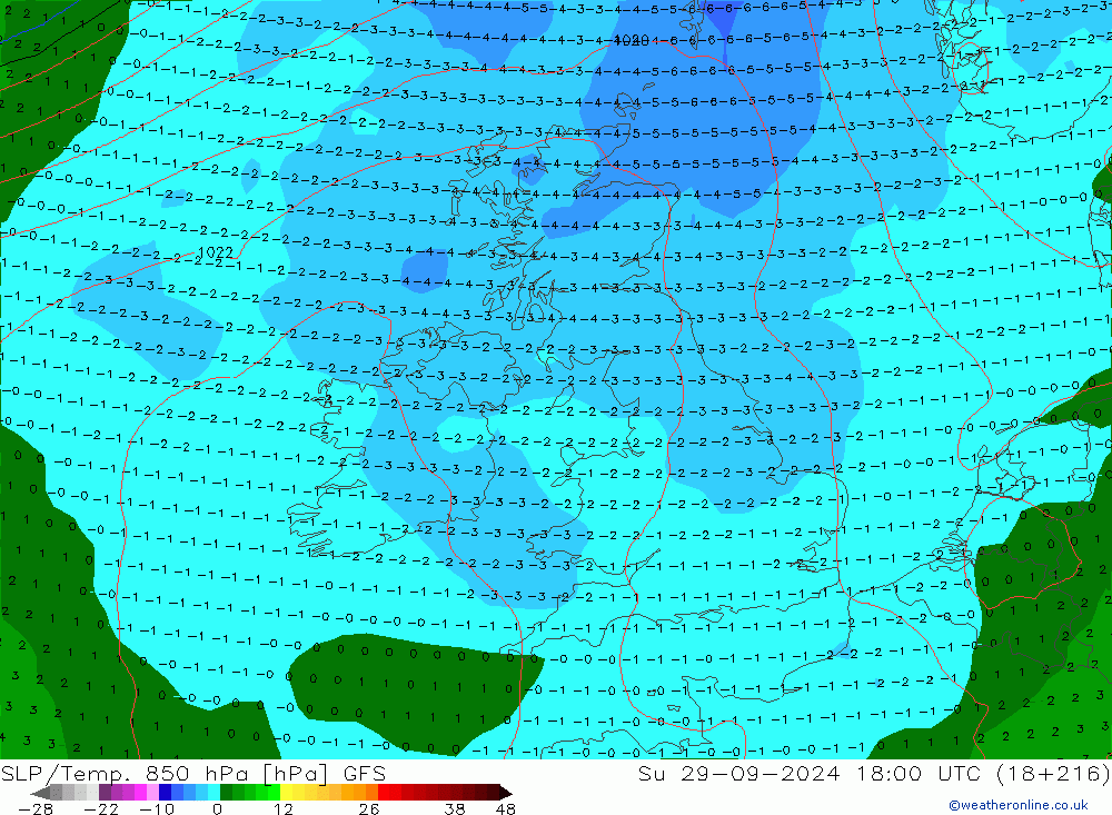 SLP/Temp. 850 hPa GFS Su 29.09.2024 18 UTC