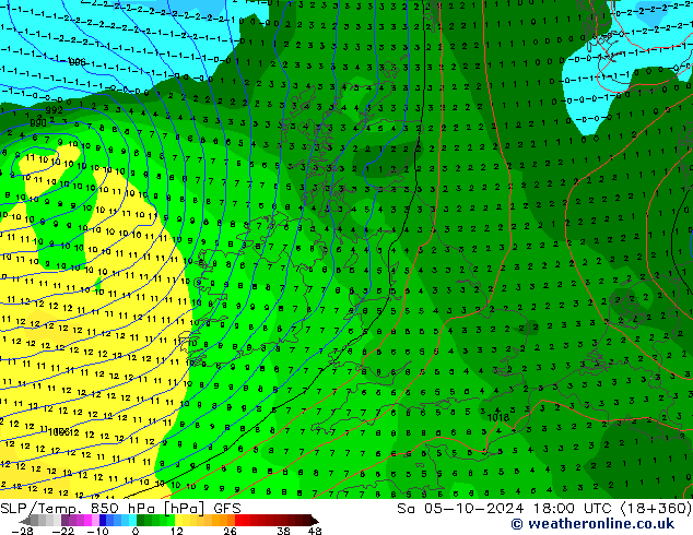 SLP/Temp. 850 гПа GFS сб 05.10.2024 18 UTC