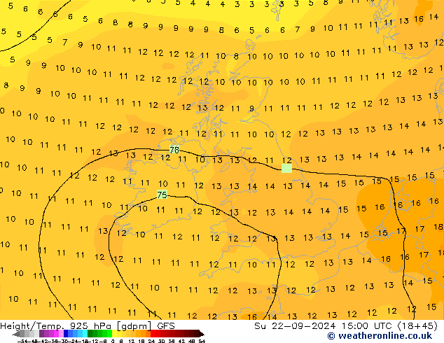 Height/Temp. 925 hPa GFS Ne 22.09.2024 15 UTC