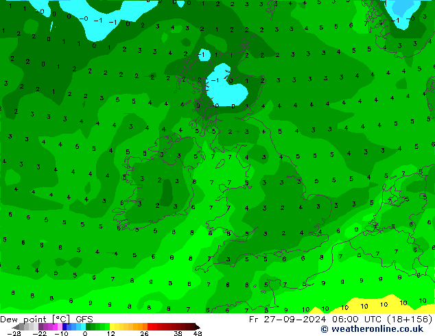 Dew point GFS Fr 27.09.2024 06 UTC