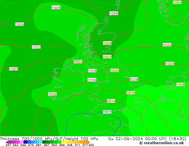 Espesor 700-1000 hPa GFS dom 22.09.2024 00 UTC